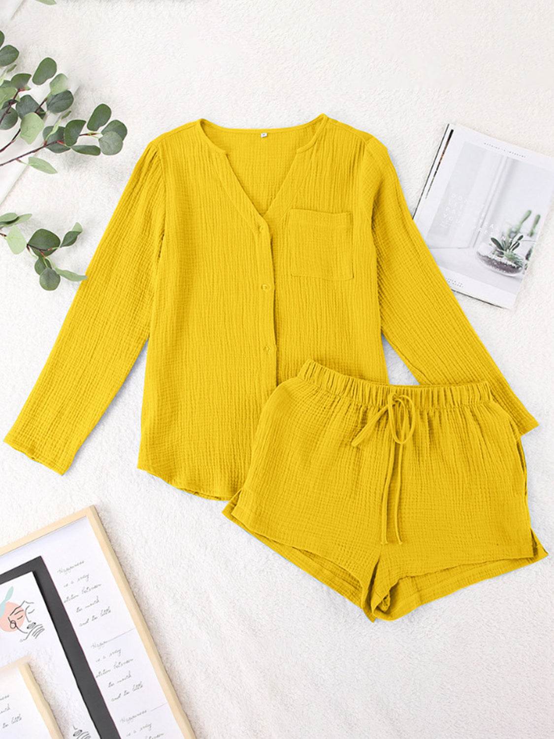 Notched Long Sleeve Top and Shorts Set - DaTrendStore.Com