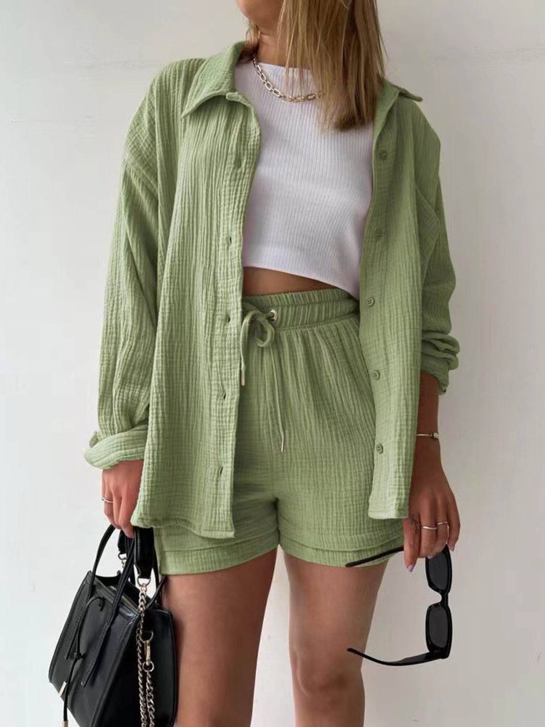 Texture Button Up Shirt and Drawstring Shorts Set - DaTrendStore.Com