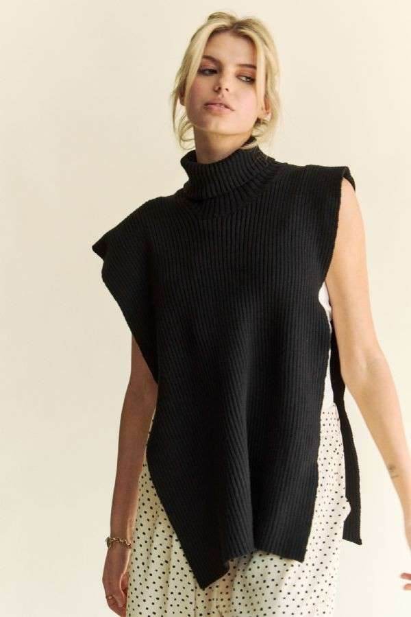 Davi & Dani Side Split Turtleneck Sleeveless Knit Top - DaTrendStore.Com