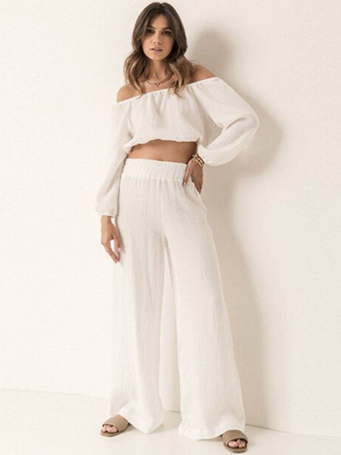 Off Shoulder Long Sleeve Top and Pants Set - DaTrendStore.Com