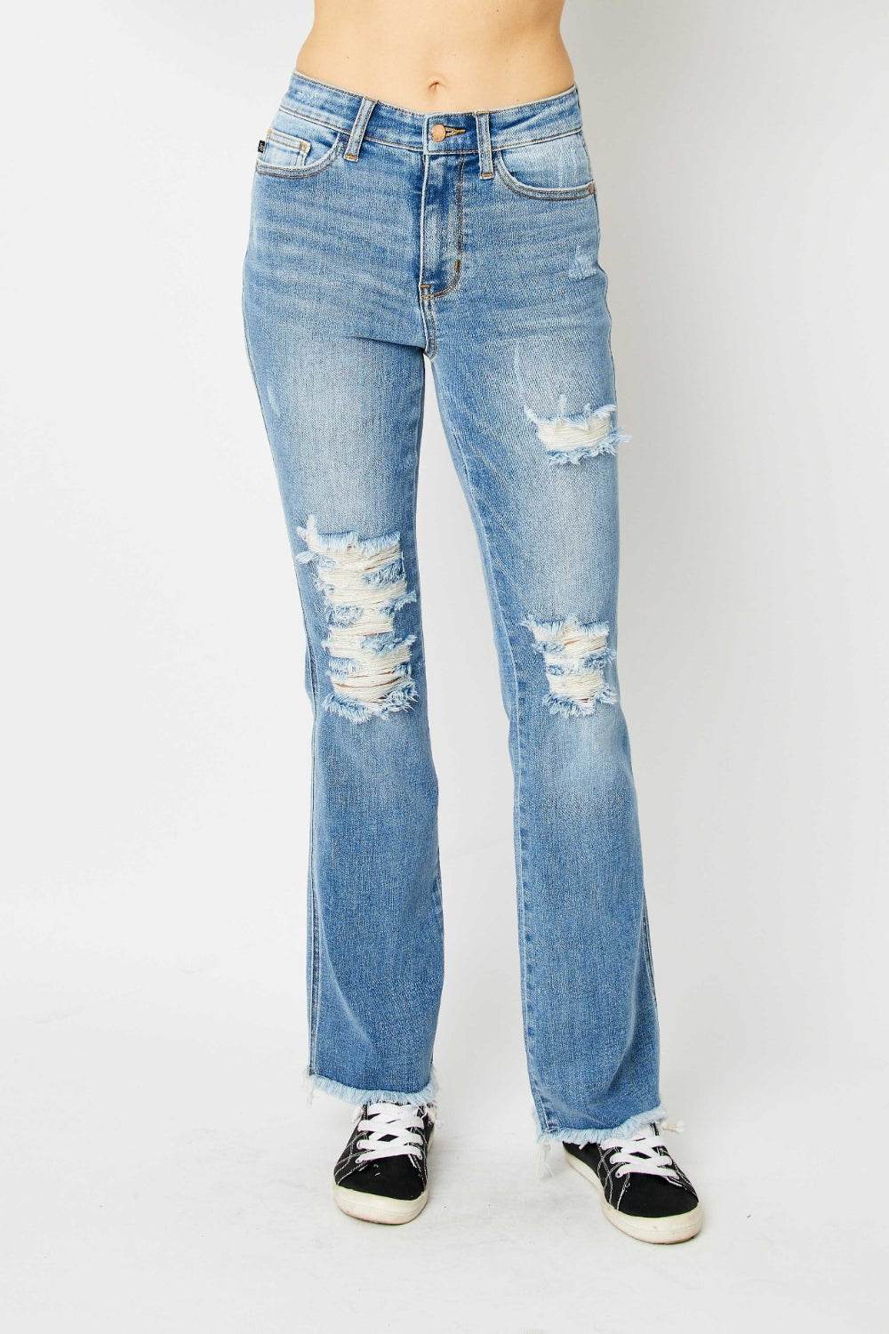 Judy Blue Full Size Distressed Raw Hem Bootcut Jeans - DaTrendStore.Com