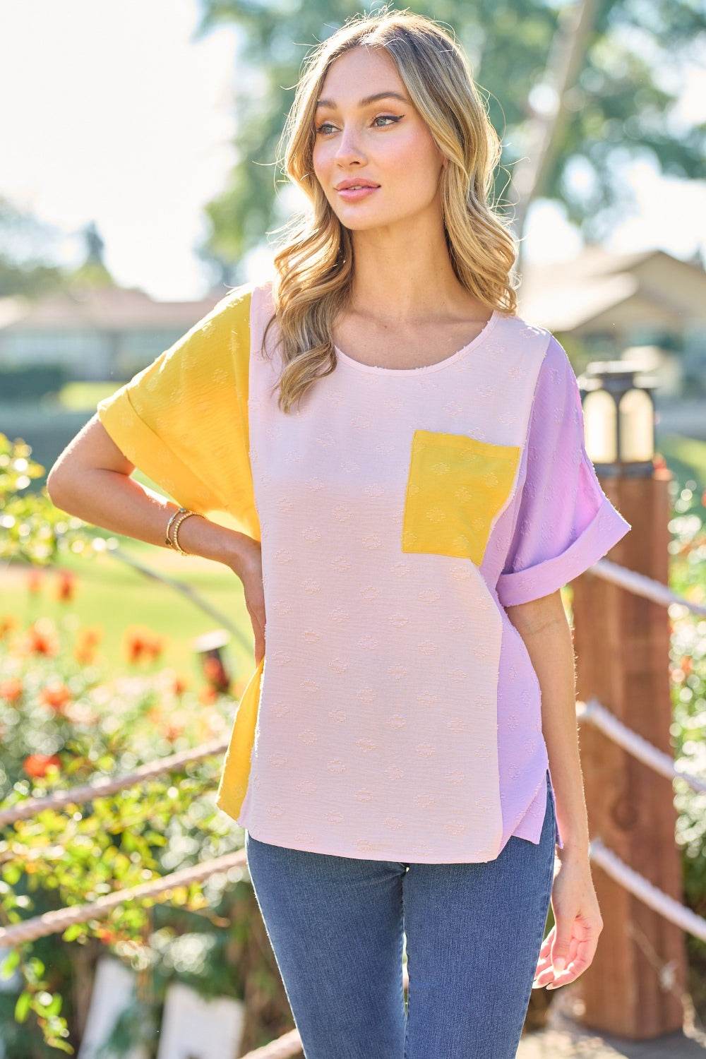 Hailey & Co Full Size Color Block Short Sleeve Top - DaTrendStore.Com
