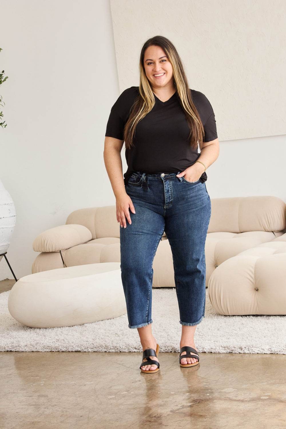 RFM Full Size Tummy Control High Waist Raw Hem Jeans - DaTrendStore.Com