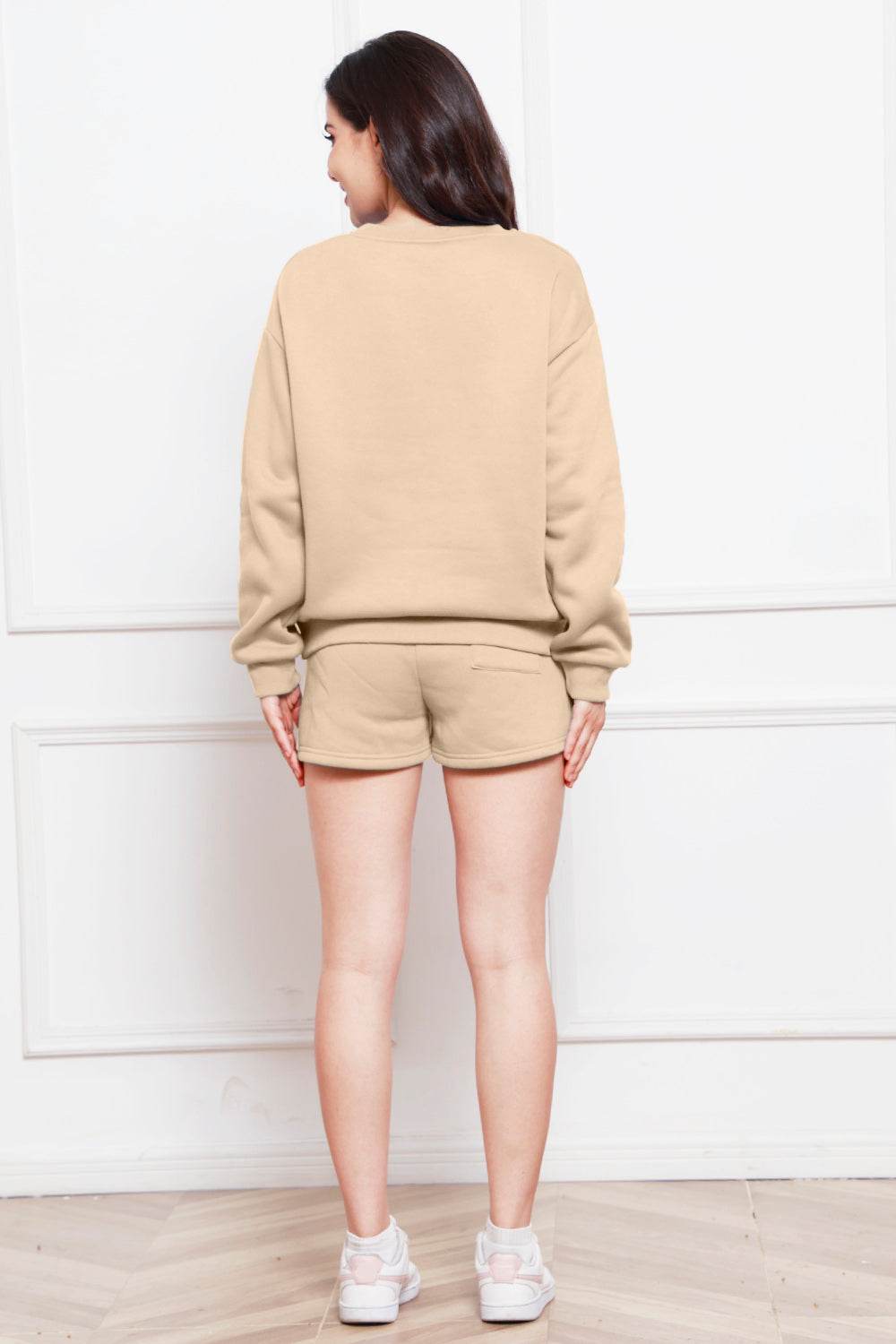 Round Neck Long Sleeve Sweatshirt and Drawstring Shorts Set - DaTrendStore.Com
