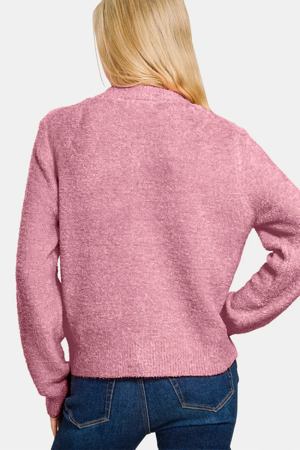 Zenana Button Down Long Sleeve Sweater Cardigan - Lt Rose