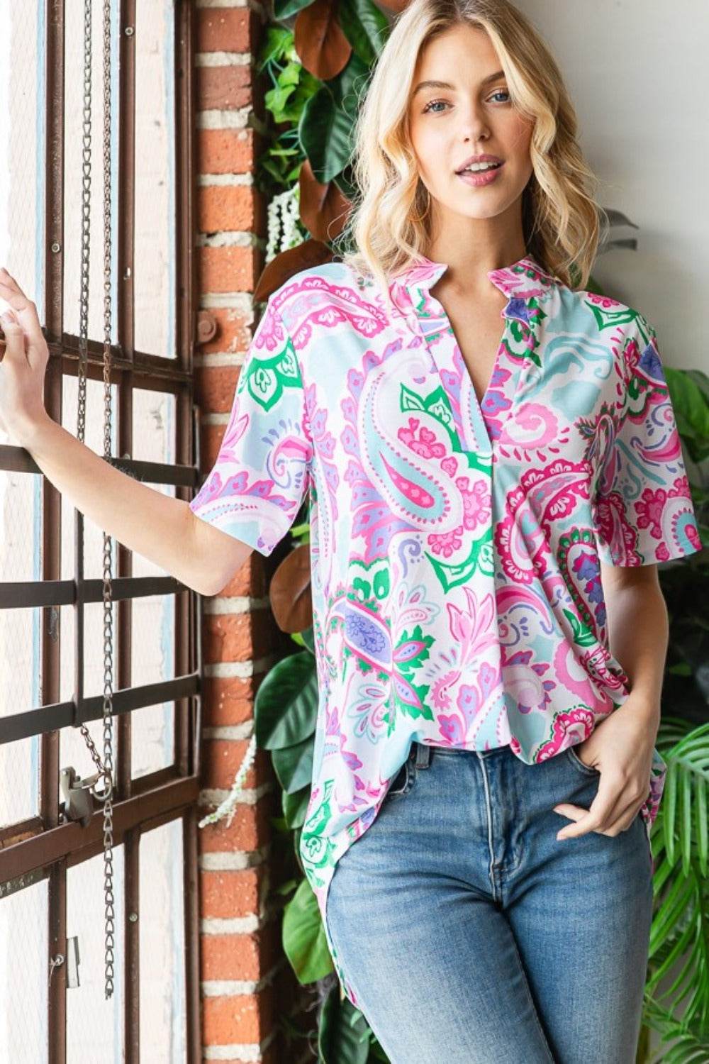 Heimish Full Size Paisley Print Short Sleeve Top - DaTrendStore.Com