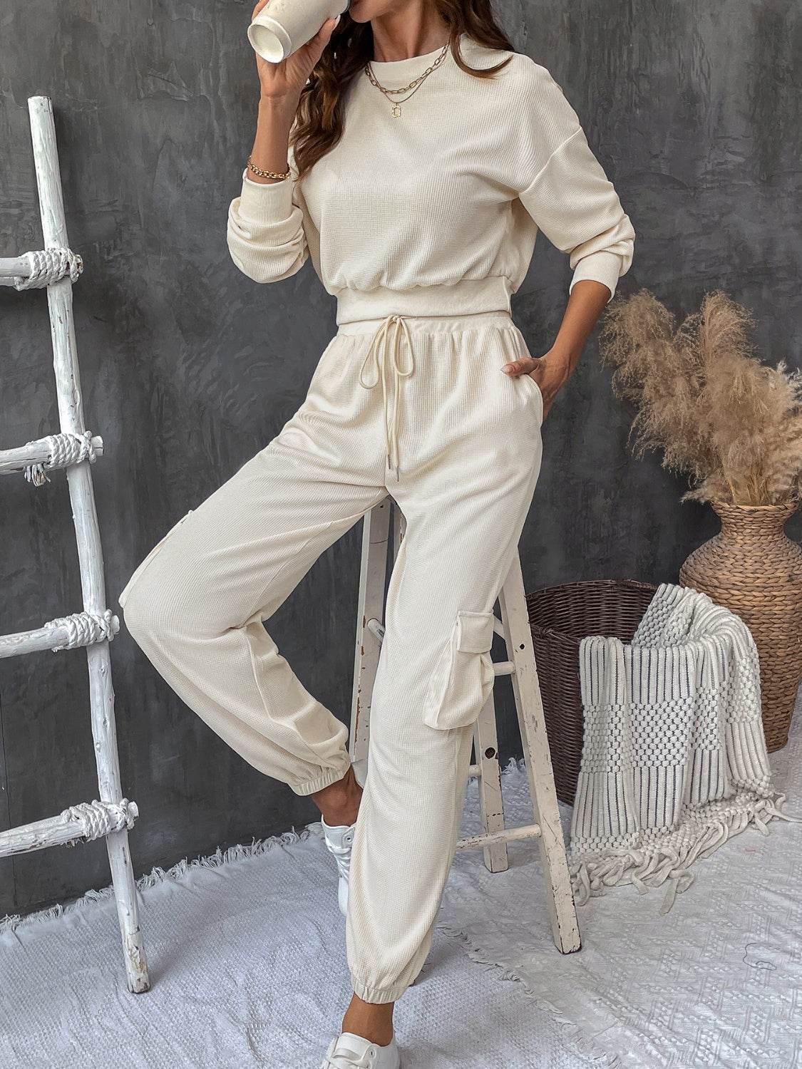 Perfee Round Neck Long Sleeve Top and Pants Set - DaTrendStore.Com