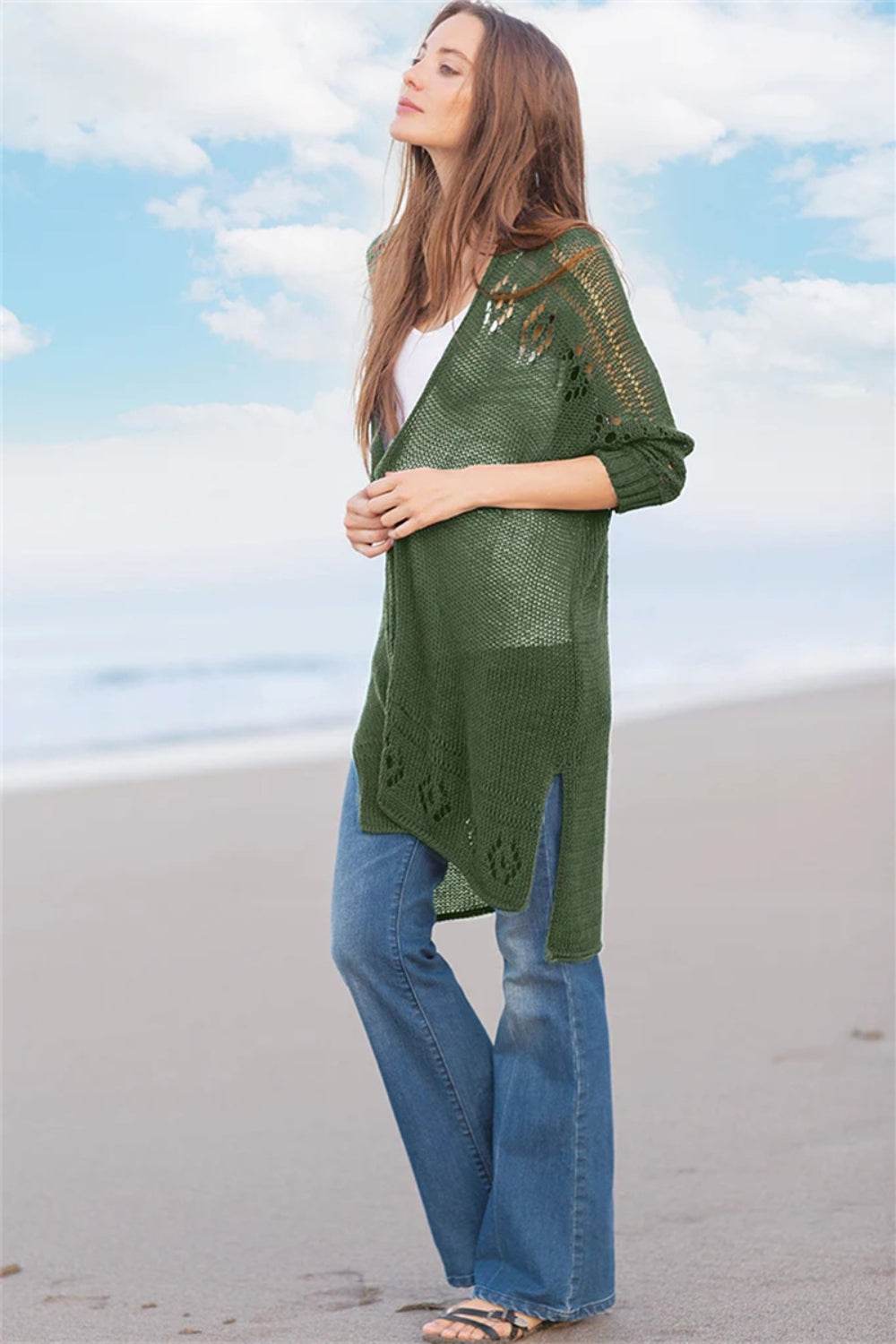 Openwork Side Slit Open Front Long Sleeve Cardigan - DaTrendStore.Com