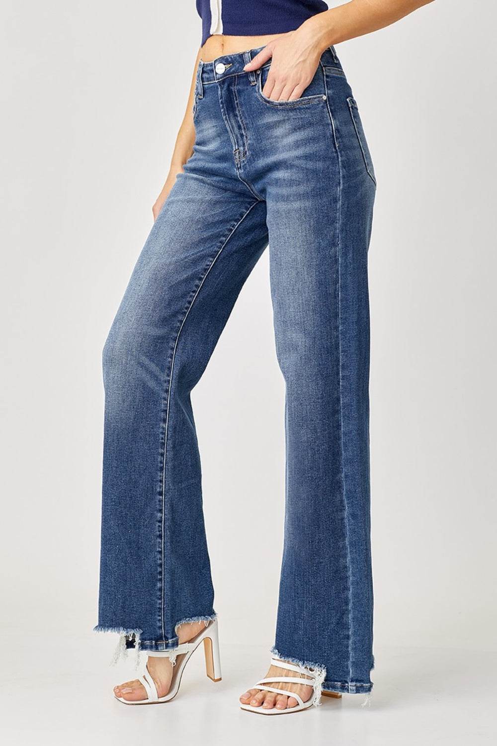 Risen Full Size High Rise Frayed Hem Wide Leg Jeans - DaTrendStore.Com