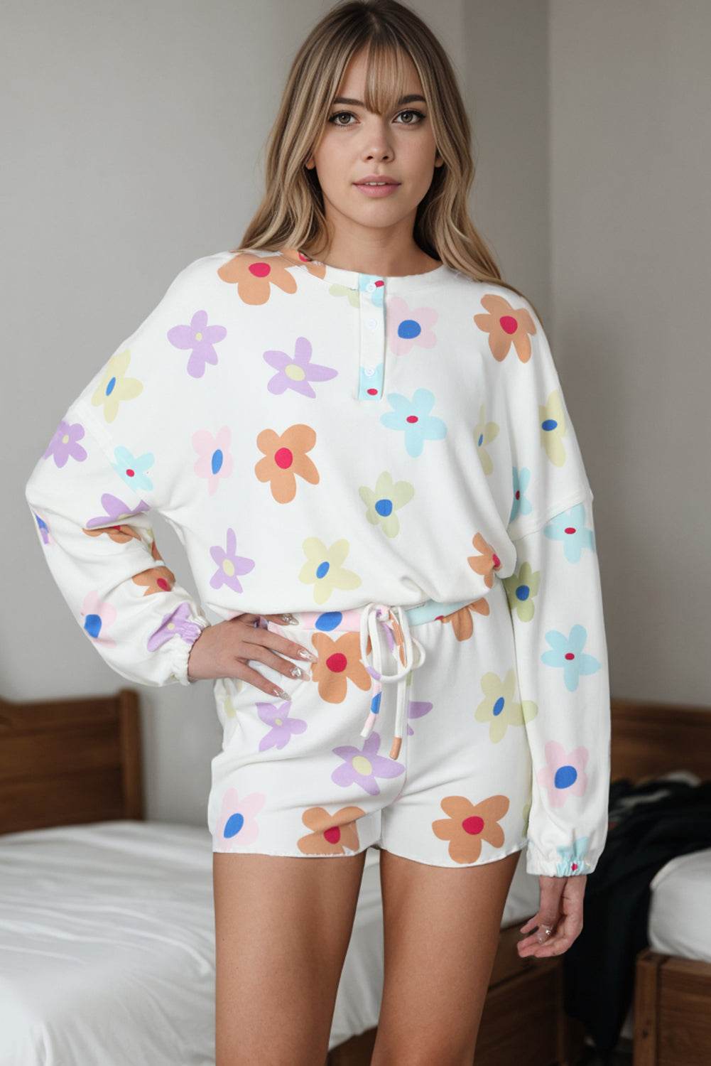Printed Quarter Button Top and Drawstring Shorts Lounge Set - DaTrendStore.Com