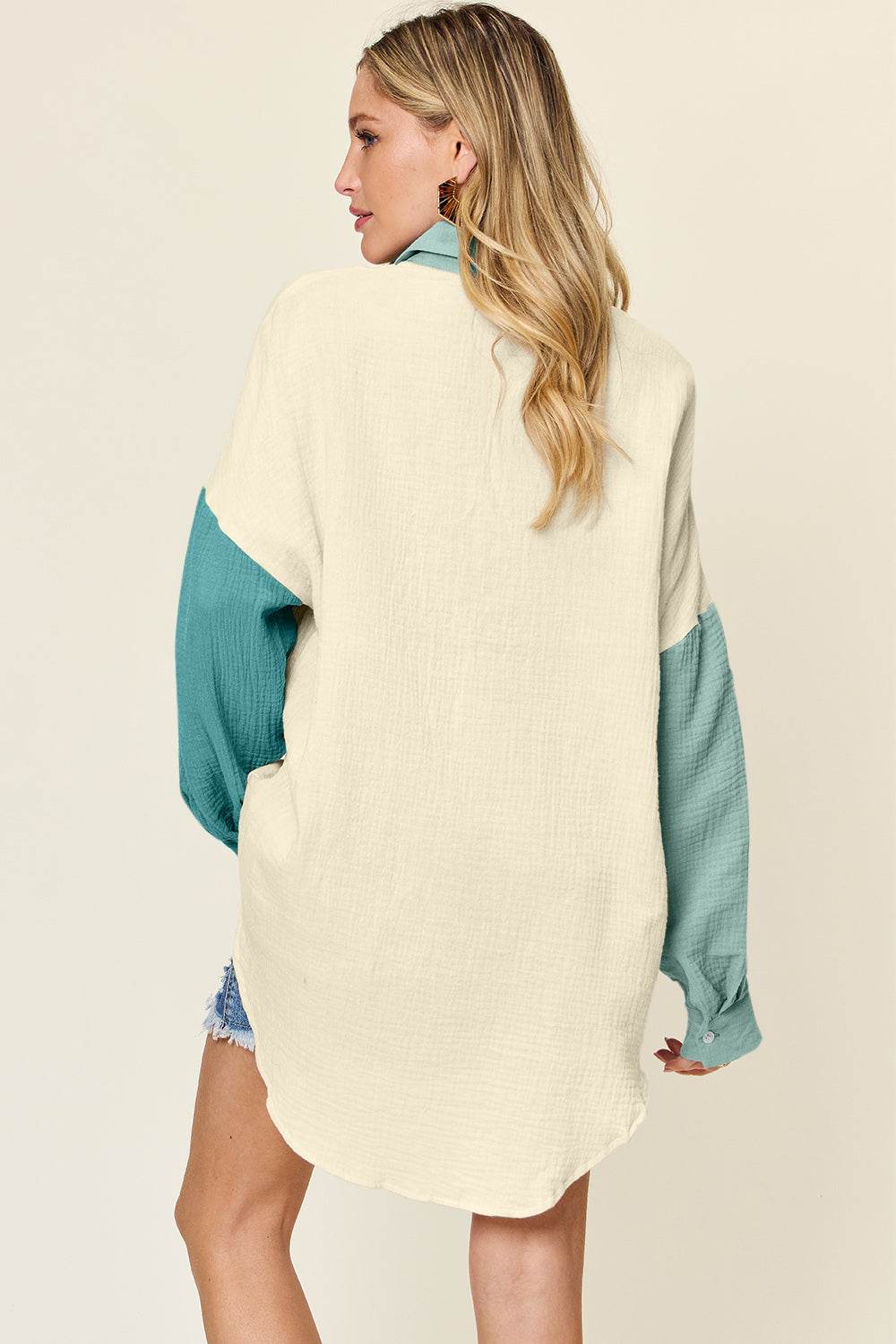Double Take Full Size Pocketed Texture Button Up Shirt - DaTrendStore.Com
