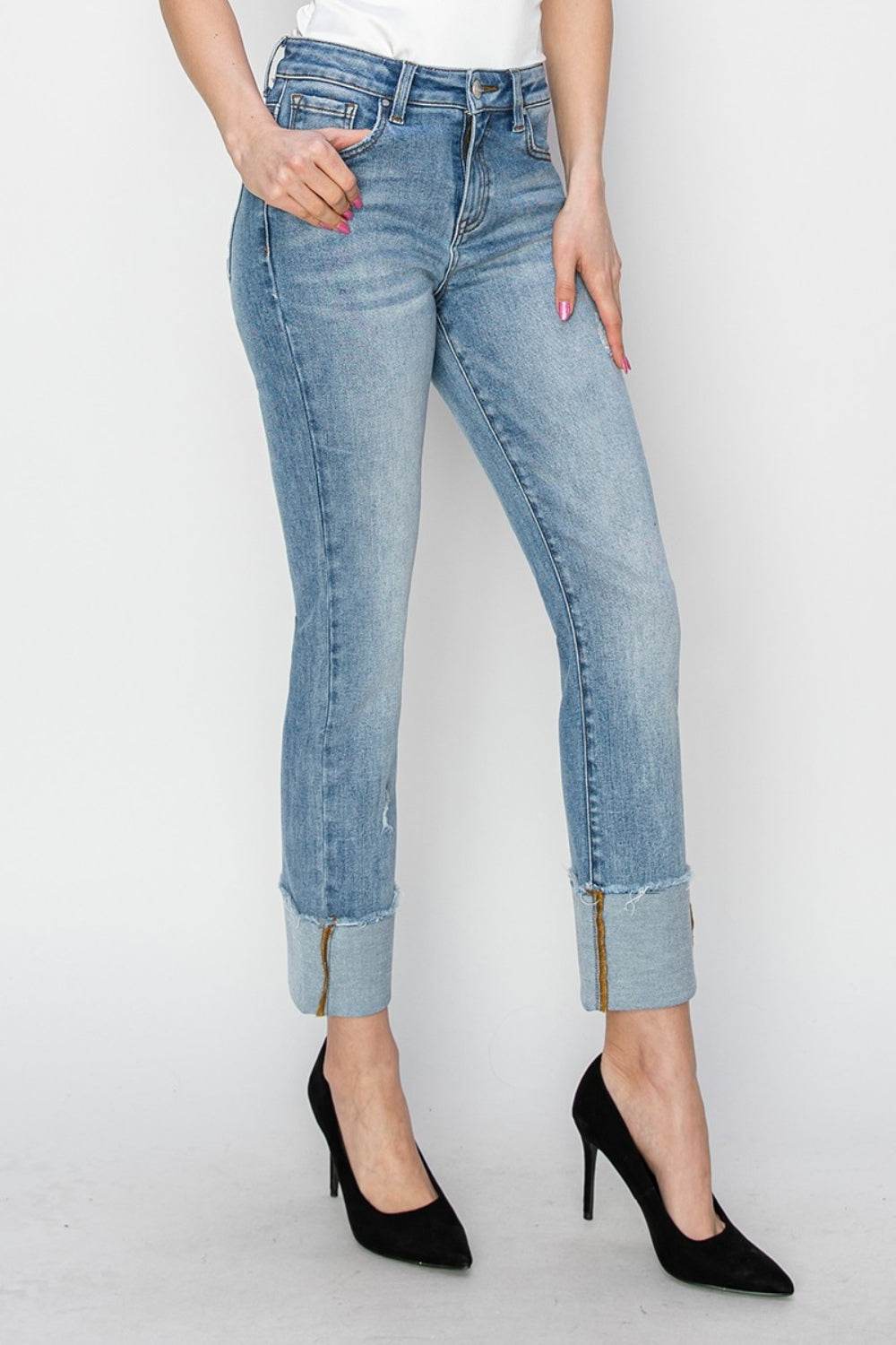 RISEN Full Size High Rise Cuffed Slim Straight Jeans - DaTrendStore.Com