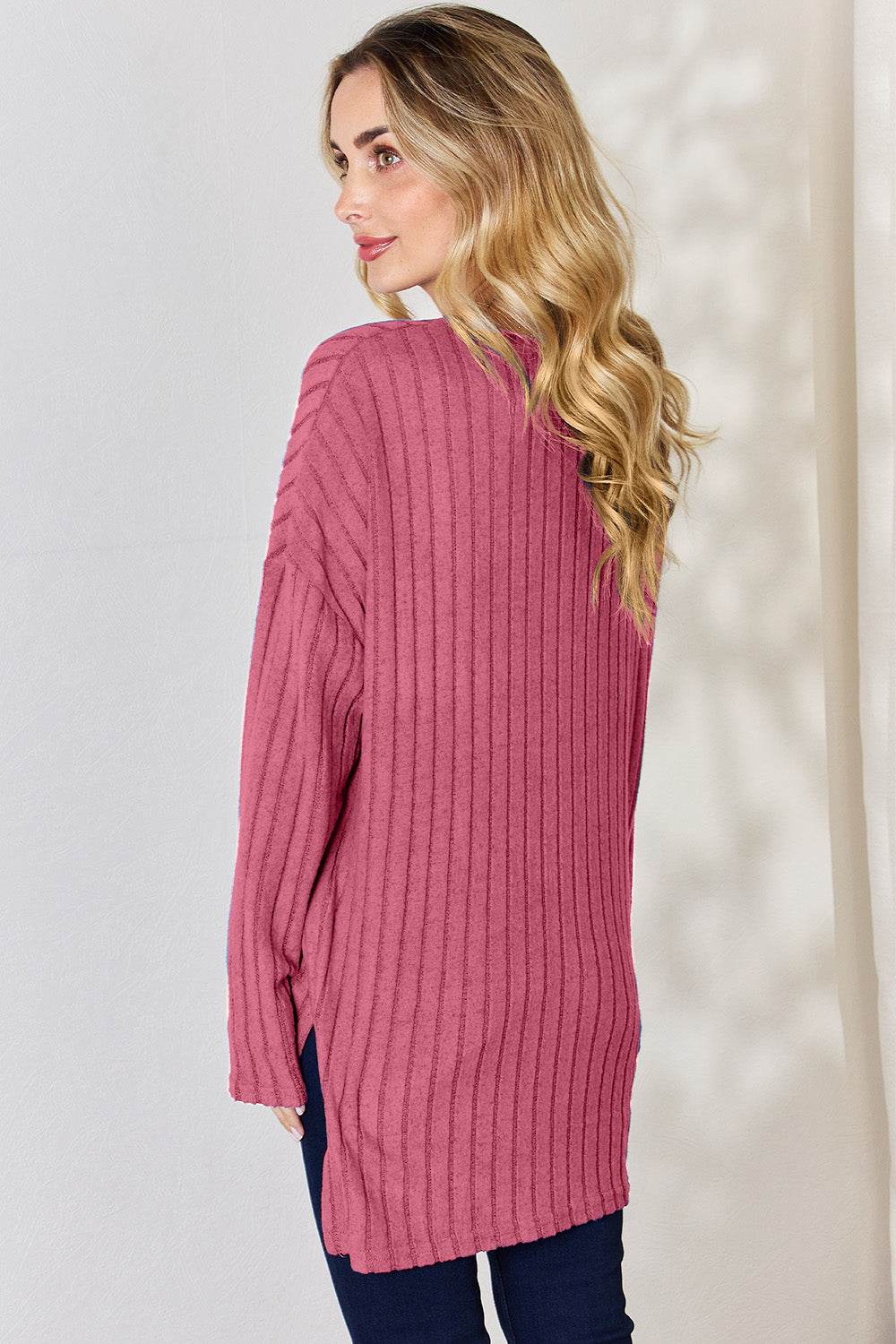 Basic Bae Full Size Ribbed Half Button Long Sleeve High-Low T-Shirt - DaTrendStore.Com