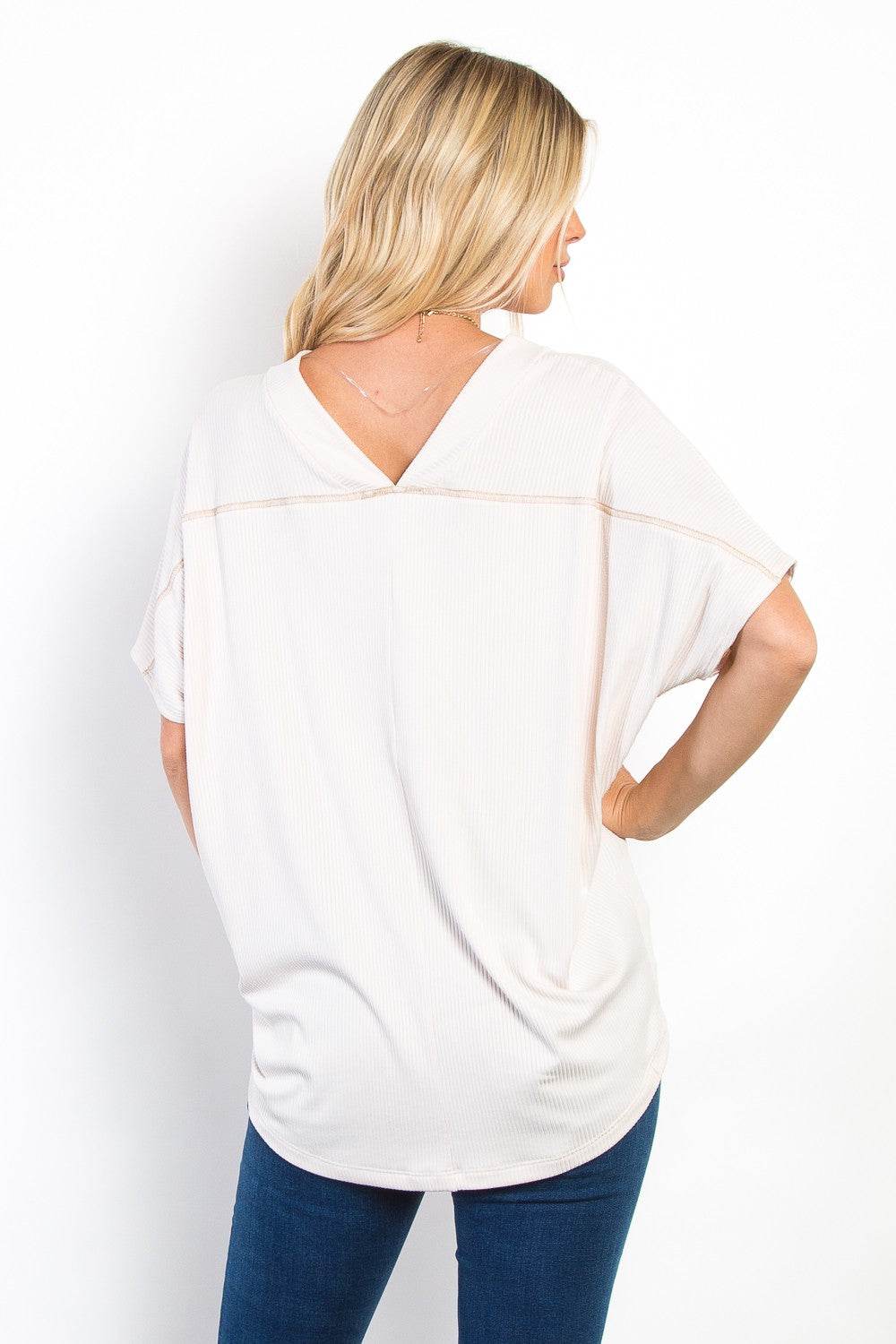 Be Stage Full Size V-Neck Short Sleeve Ribbed Top - DaTrendStore.Com