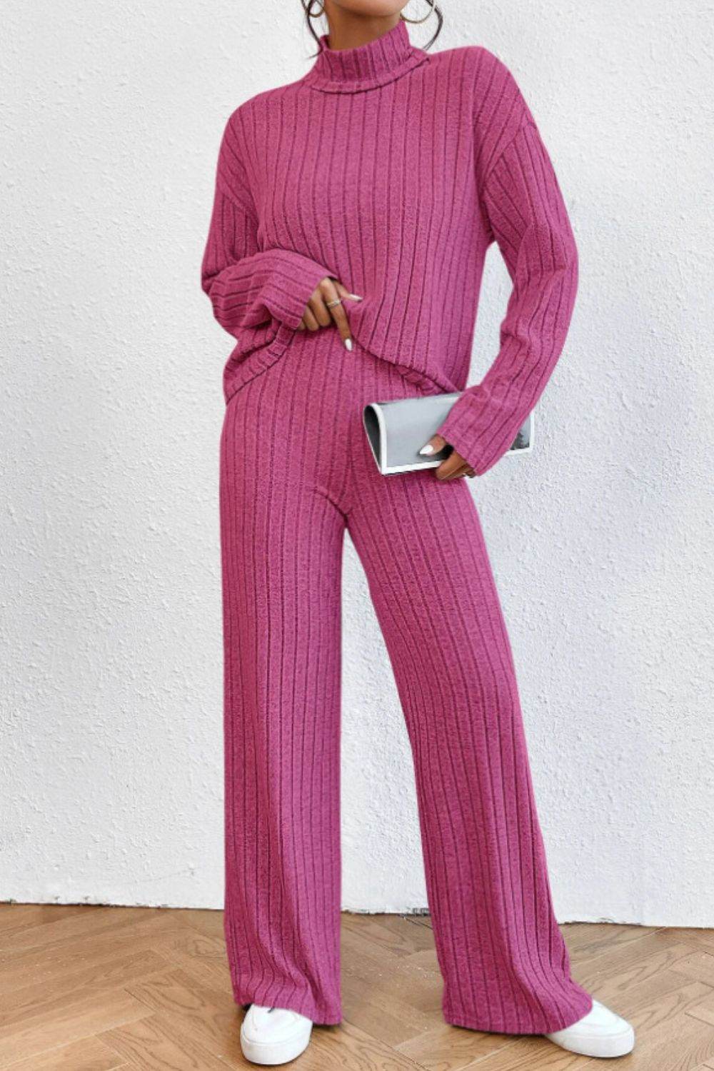 Mock Neck Dropped Shoulder Top and Pants Set - DaTrendStore.Com