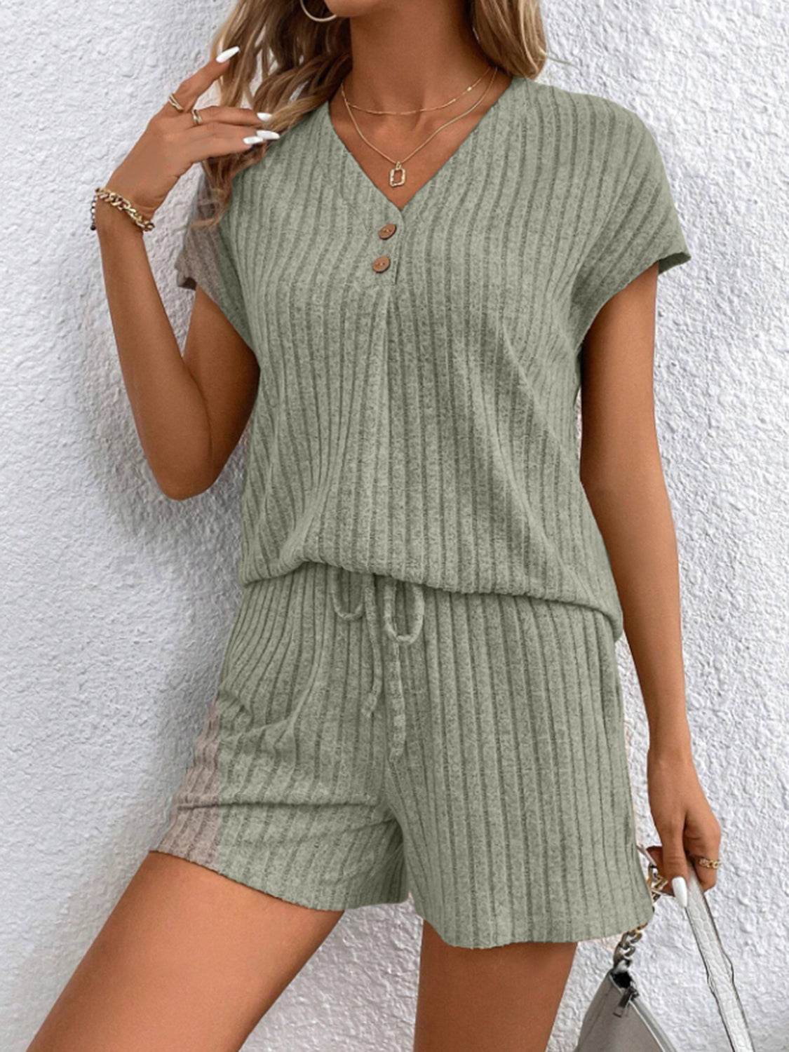 Ribbed V-Neck Top and Shorts Set - DaTrendStore.Com