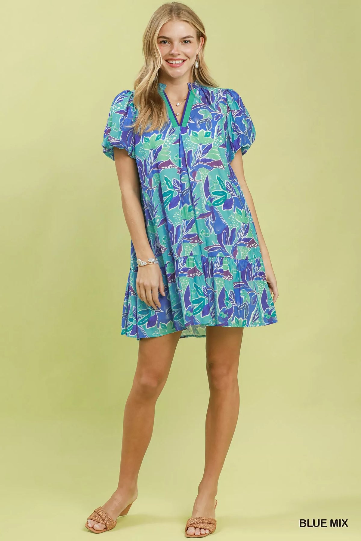 Umgee Tropical Floral Puff Sleeve Tiered Mini Dress - Blue Mix