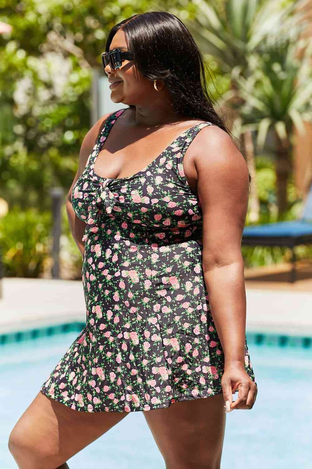 Marina West Swim Full Size Clear Waters Swim Dress in Black Roses - DaTrendStore.Com
