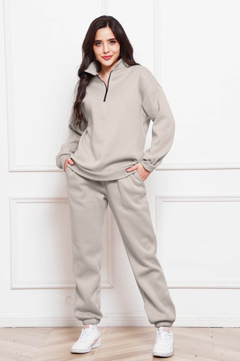 Half Zip Long Sleeve Sweatshirt and Pants Set - DaTrendStore.Com