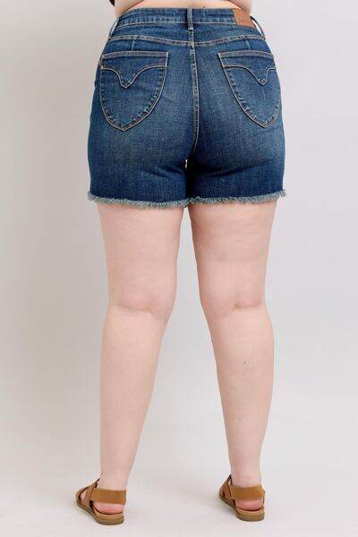 Judy Blue Tummy Control Fray Hem & Shield Back Pockets Denim Shorts - DaTrendStore.Com