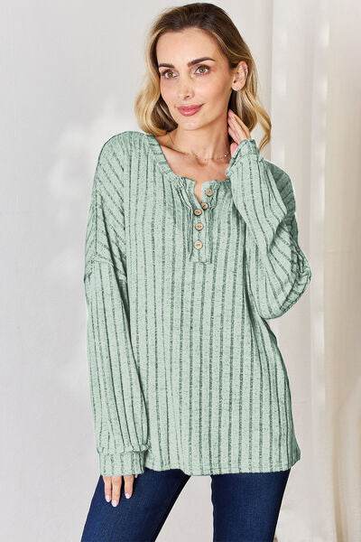 Basic Bae Full Size Ribbed Half Button Long Sleeve T-Shirt - DaTrendStore.Com
