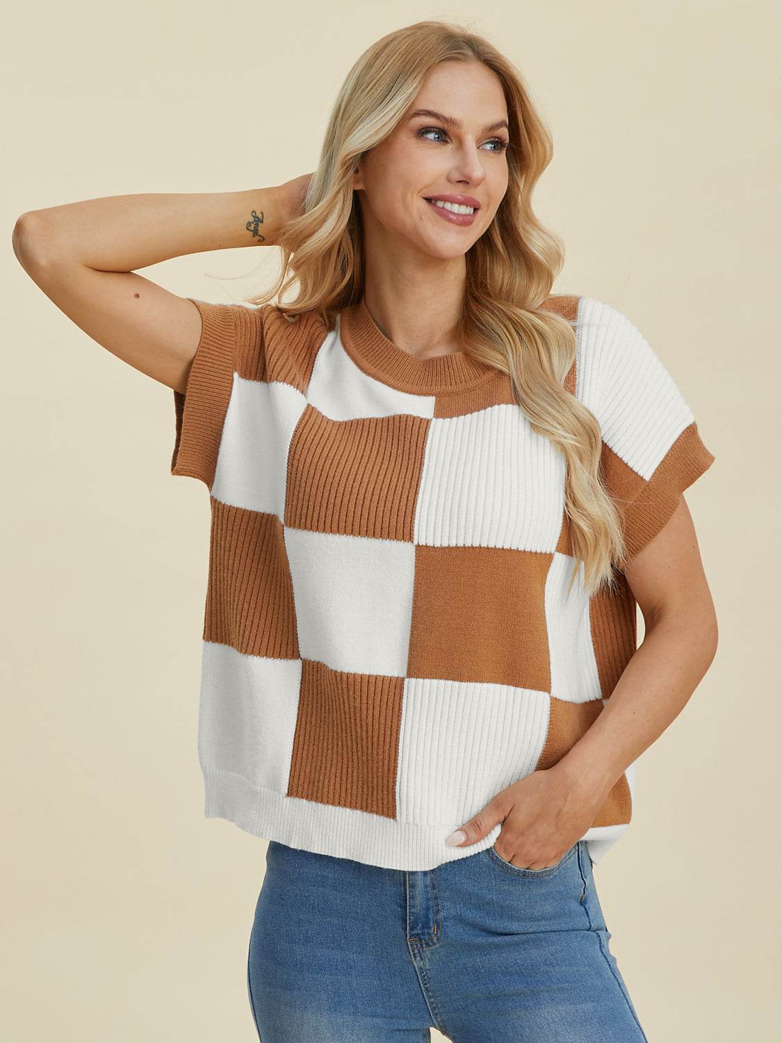 Double Take Full Size Checkered Round Neck Short Sleeve Sweater - DaTrendStore.Com