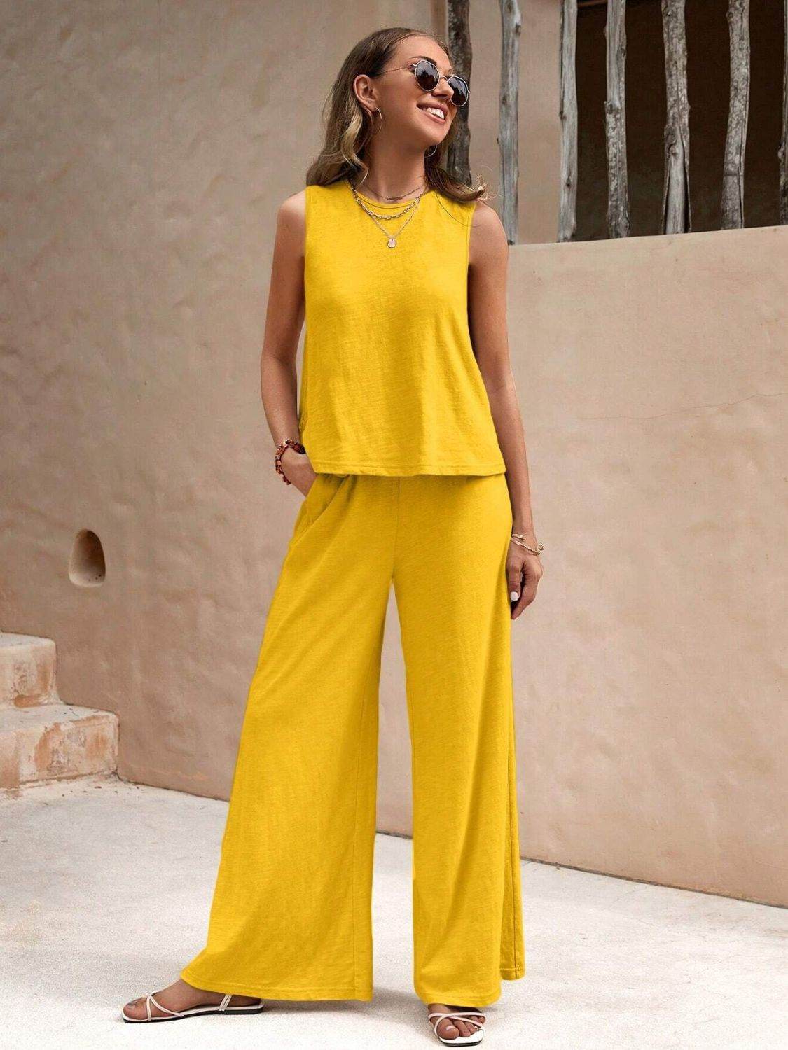Round Neck Sleeveless Top and Wide Leg Pants Set - DaTrendStore.Com