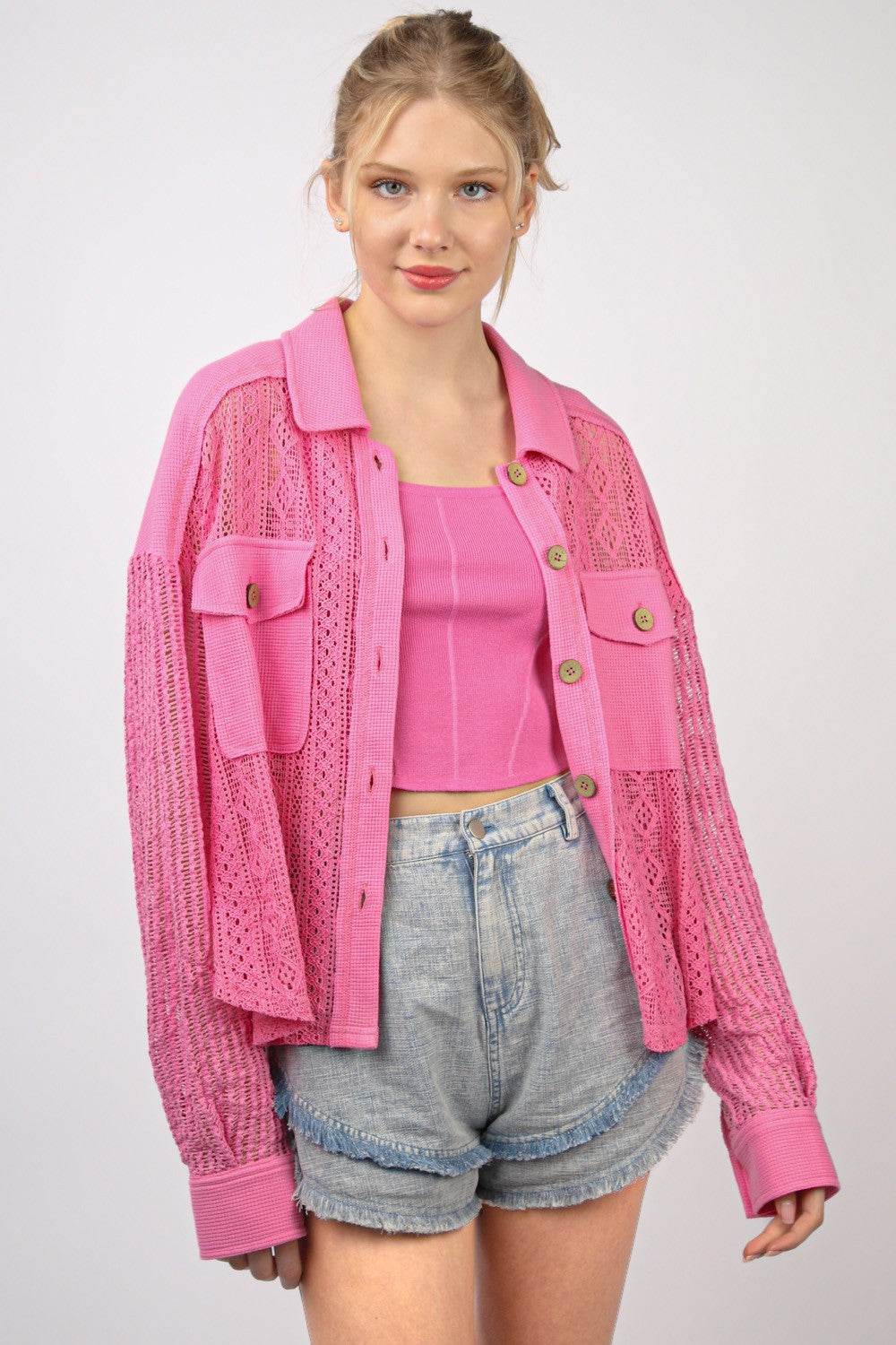 VERY J Button Up Long Sleeve Lace Shirt - DaTrendStore.Com