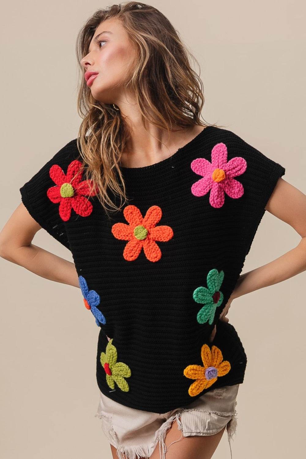 BiBi Flower Round Neck Cap Sleeve Knit Top - DaTrendStore.Com