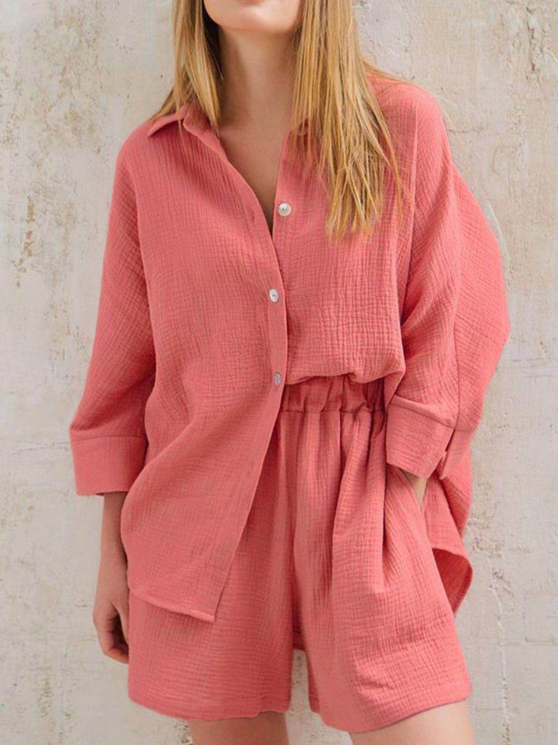 Texture Button Up Shirt and Shorts Set - DaTrendStore.Com