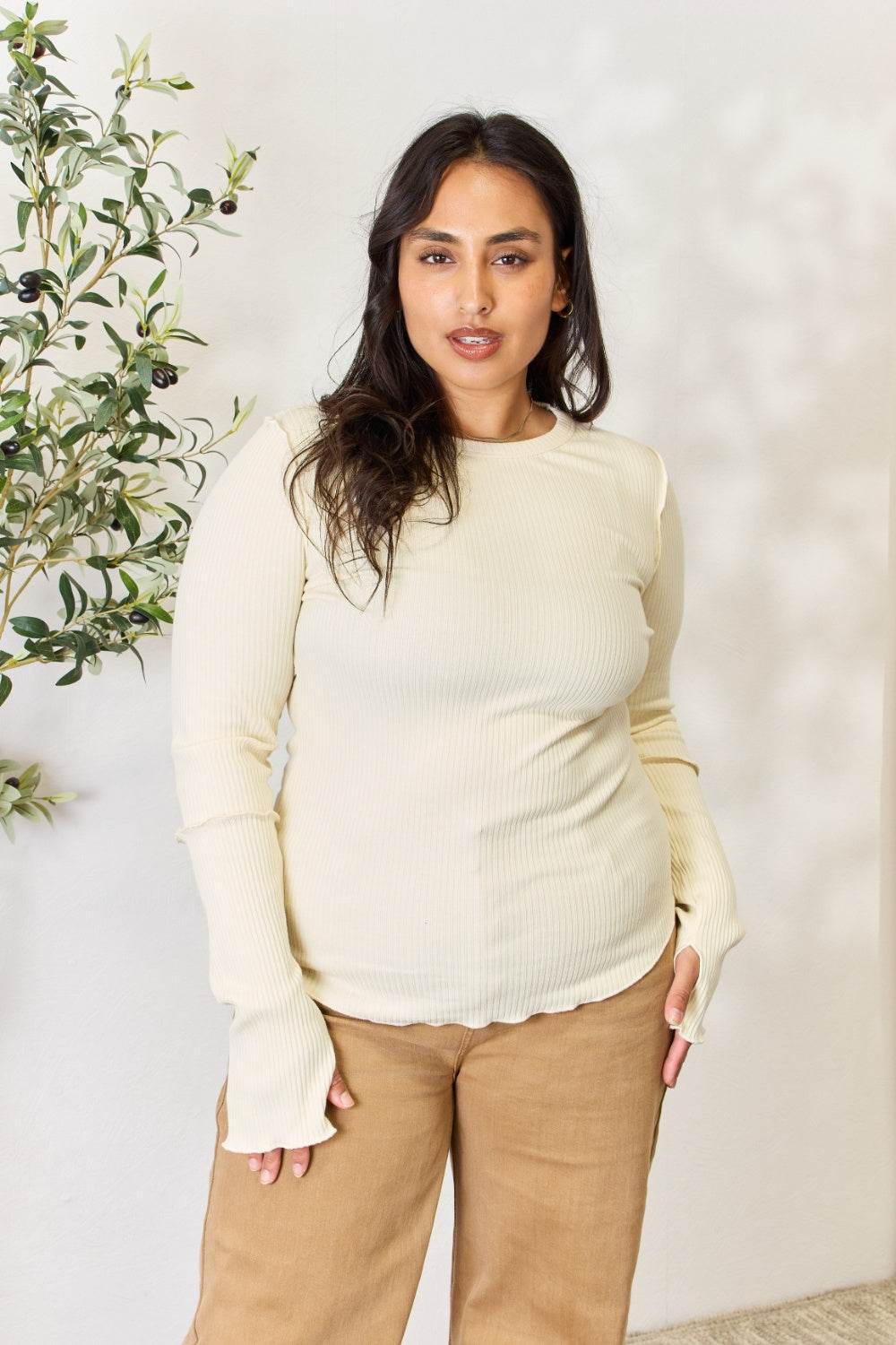 Culture Code Full Size Ribbed Round Neck Long Sleeve Top - DaTrendStore.Com