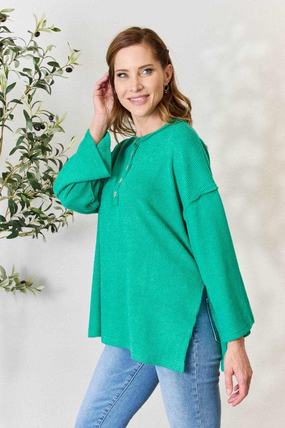 Zenana Full Size Ribbed Half Button Slit Knit Top - DaTrendStore.Com
