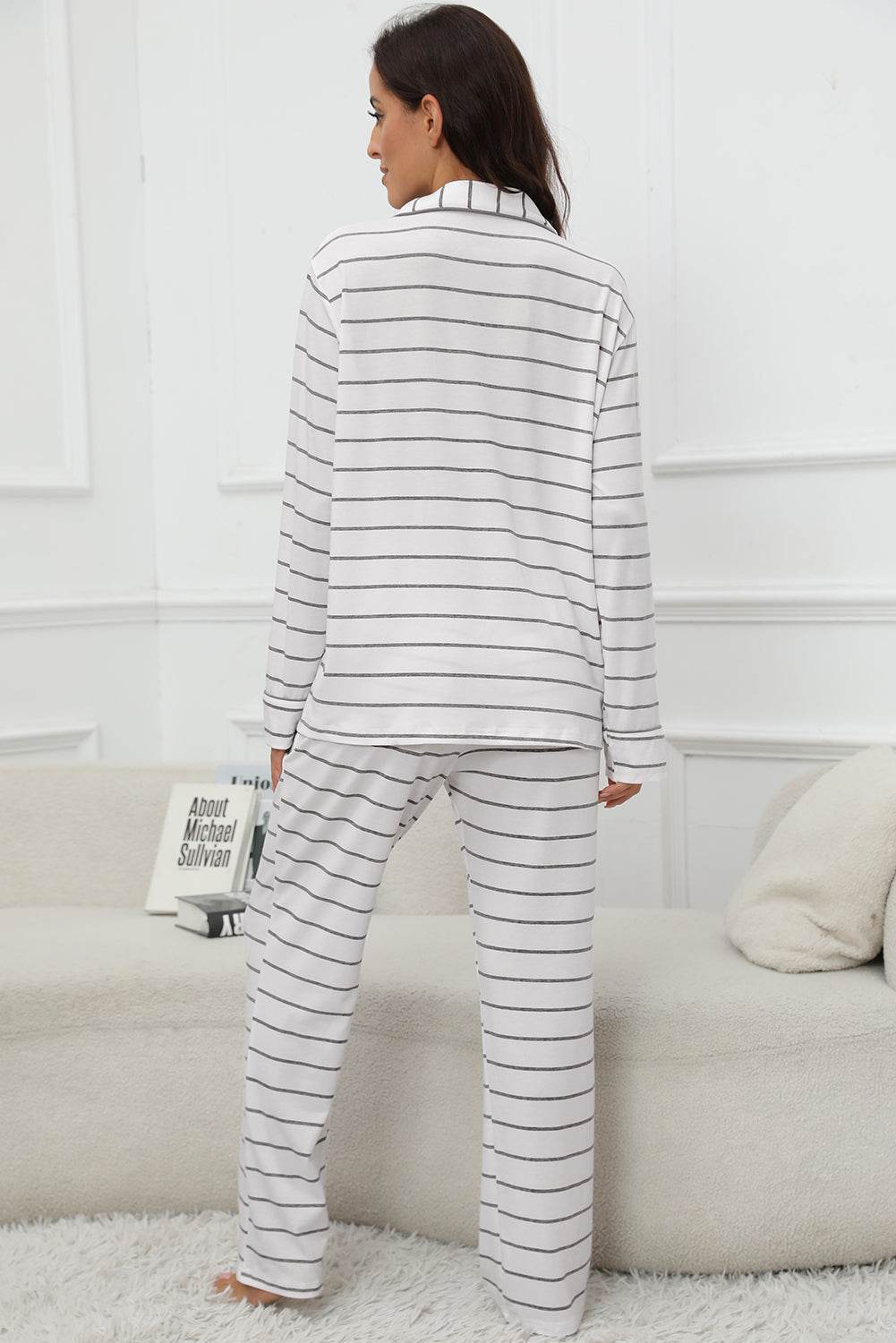 Striped V-Neck Long Sleeve Top and Pants Lounge Set - DaTrendStore.Com