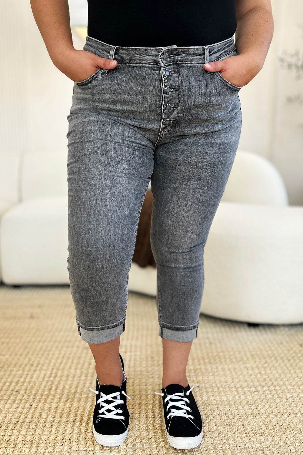 Judy Blue Full Size Button Fly High Waist Cuffed Capris - DaTrendStore.Com