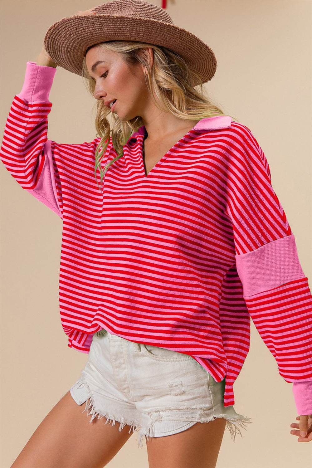 BiBi Striped Contrast Long Sleeve Knit Top - DaTrendStore.Com