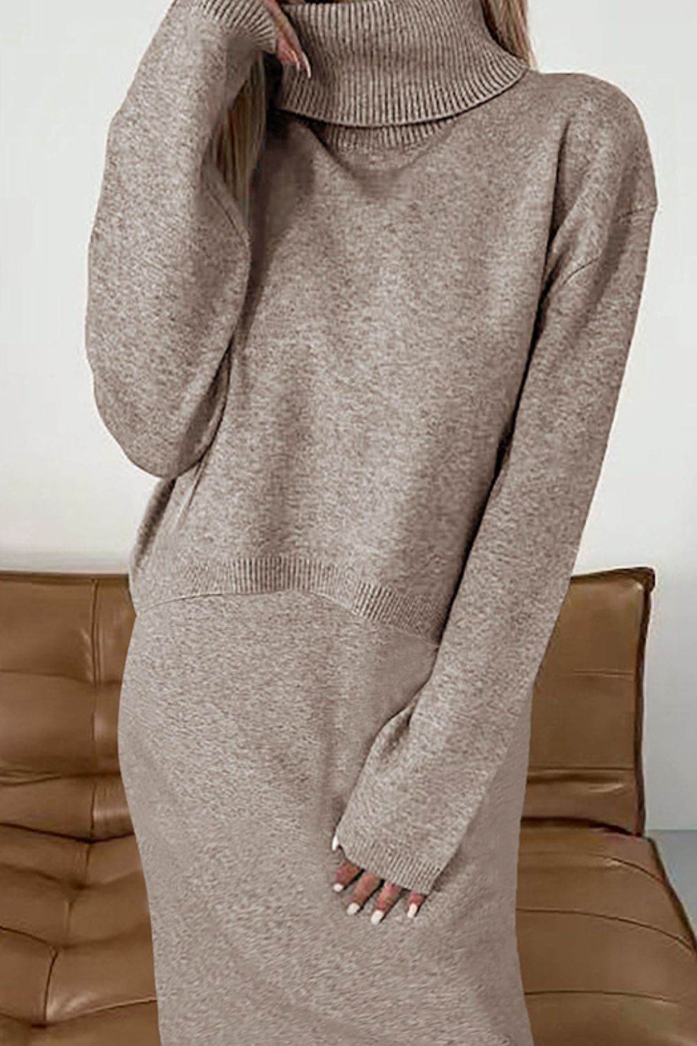 Turtleneck Dropped Shoulder Sweater and Midi Dress Sweater Set - DaTrendStore.Com