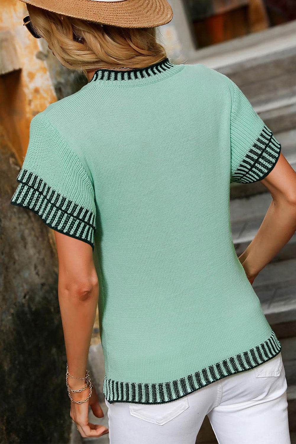Round Neck Short Sleeve Knit Top - DaTrendStore.Com