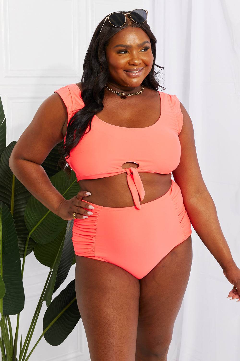 Marina West Swim Sanibel Crop Swim Top and Ruched Bottoms Set in Coral - DaTrendStore.Com