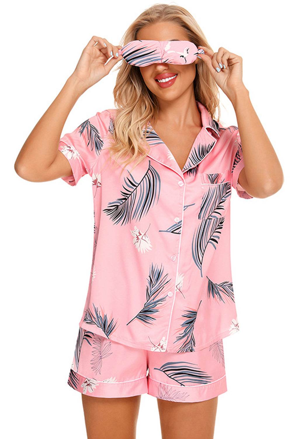 Printed Button Up Short Sleeve Top and Shorts Lounge Set - DaTrendStore.Com