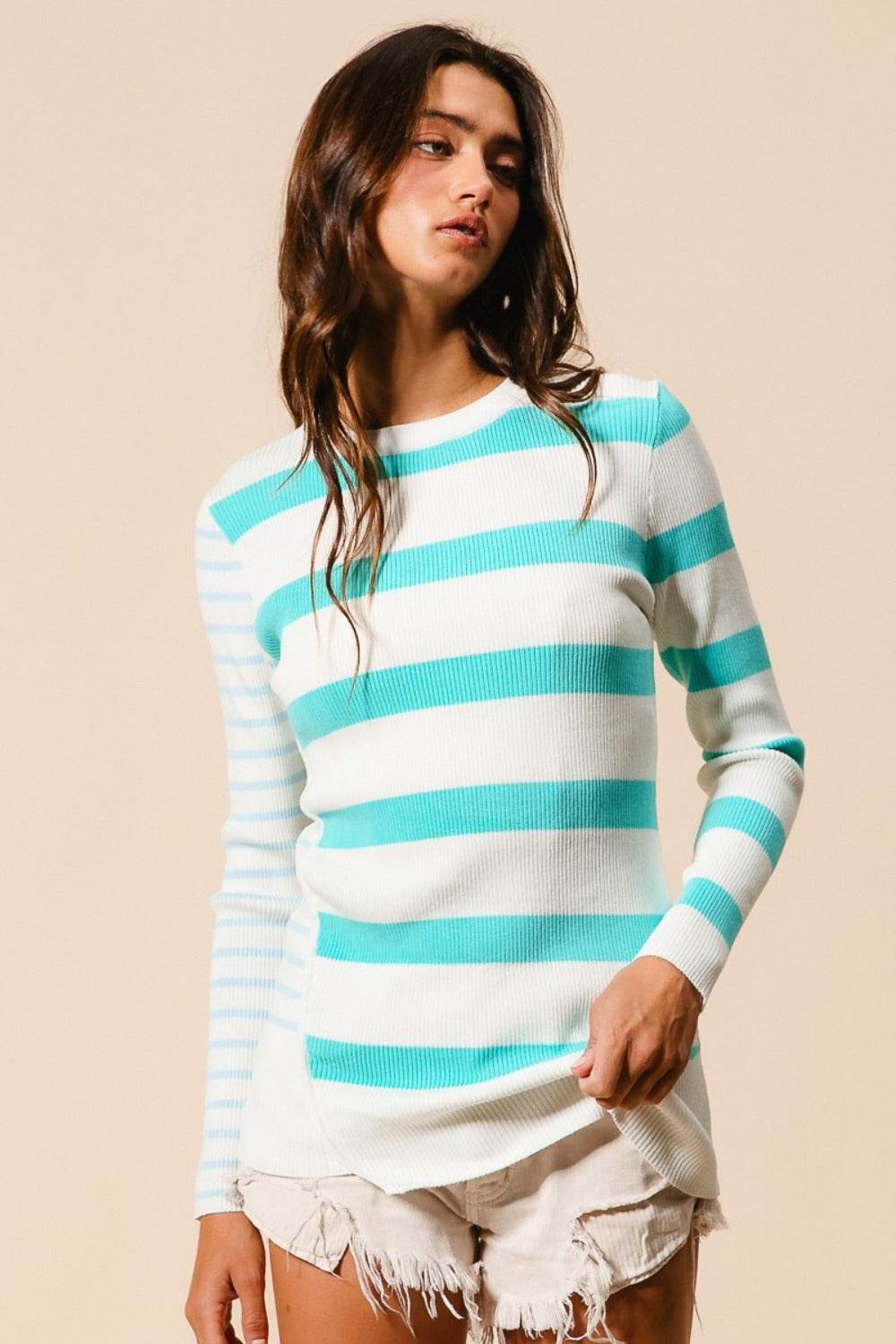 BiBi Contrast Striped Asymmetrical Hem Knit Top - DaTrendStore.Com
