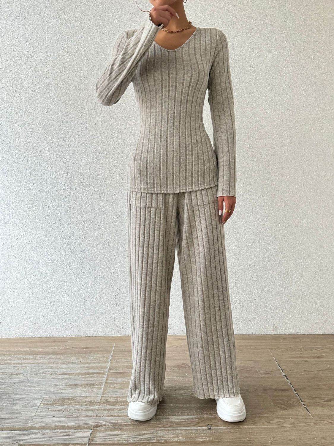 Ribbed V-Neck Long Sleeve Top and Pocketed Pants Set - DaTrendStore.Com