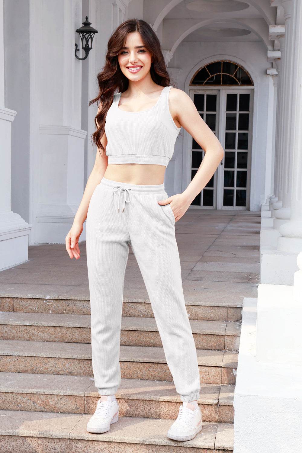Waffle-Knit Cropped Tank and Drawstring Pants Set - DaTrendStore.Com
