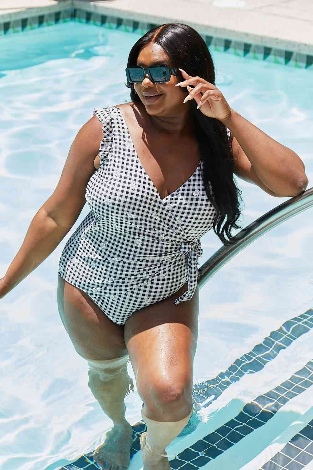 Marina West Swim Full Size Float On Ruffle Faux Wrap One-Piece in Black - DaTrendStore.Com