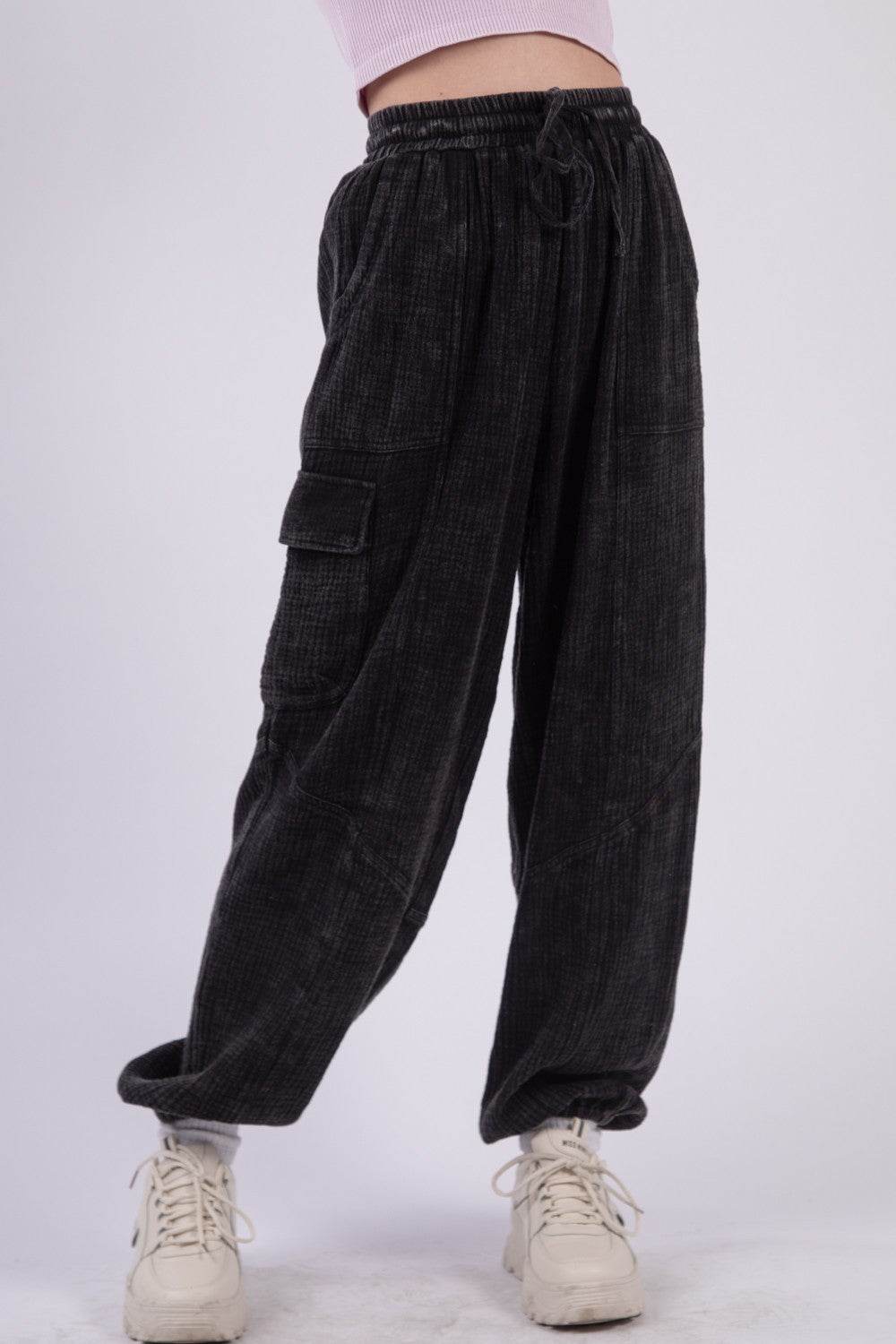 VERY J Washed Woven Crinkle Gauze Drawstring Pants - DaTrendStore.Com