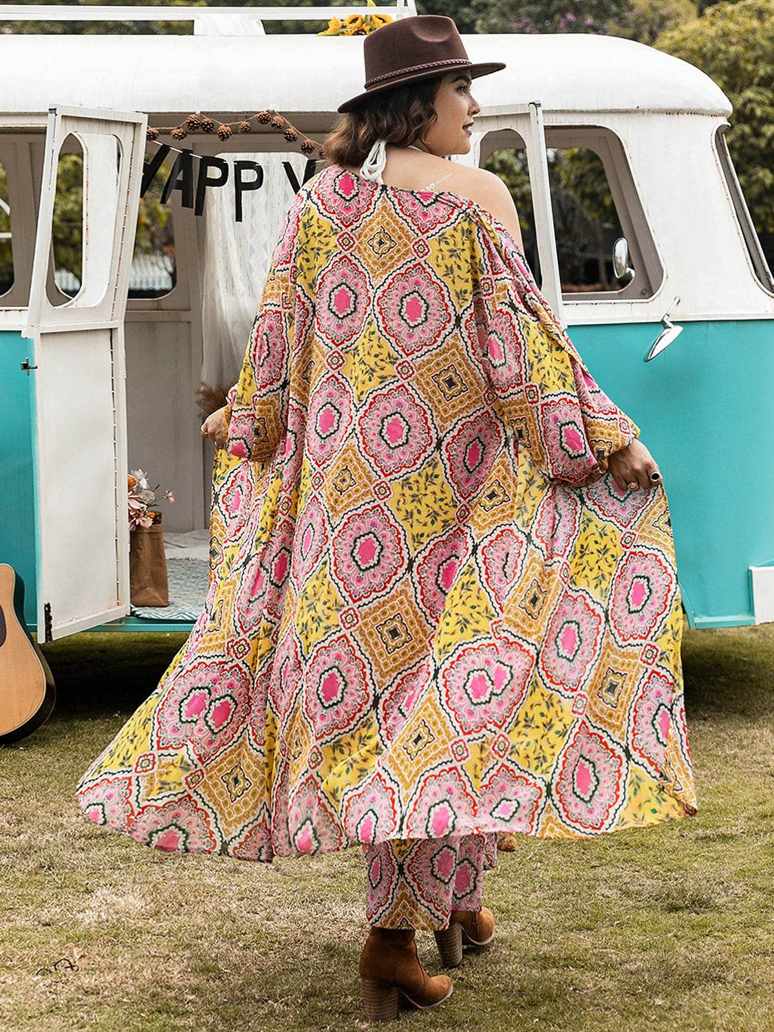 Plus Size Printed Open Front Cover Up and Pants Set - DaTrendStore.Com