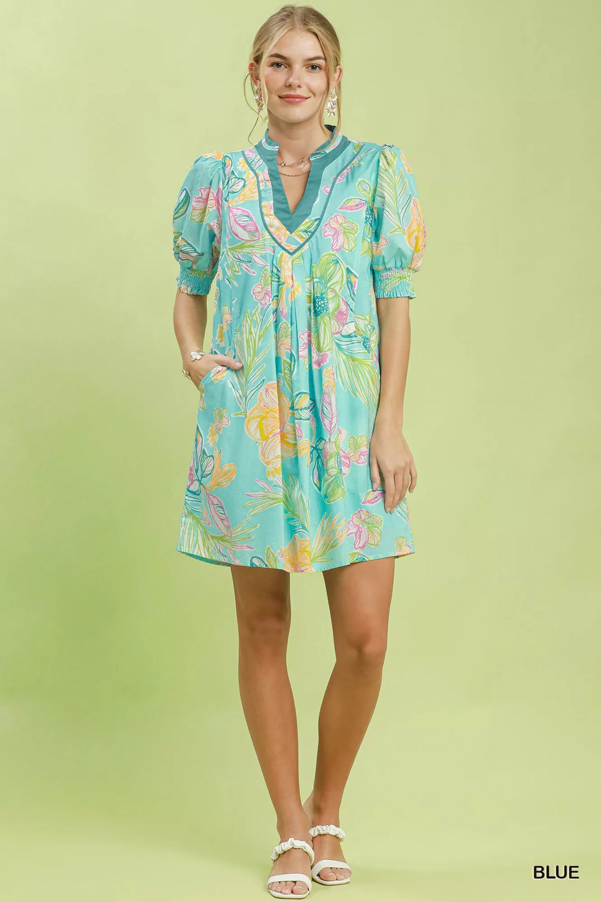 Umgee Botanical Print Dress with Smocked Cuffs - Blue