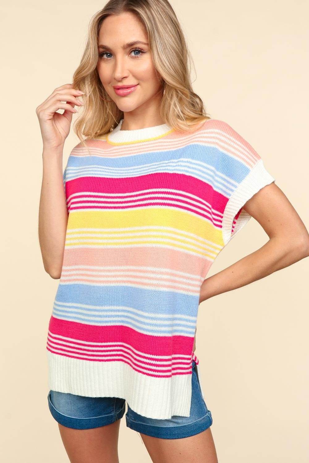 Haptics Striped Side Slit Short Sleeve Knit Top - DaTrendStore.Com
