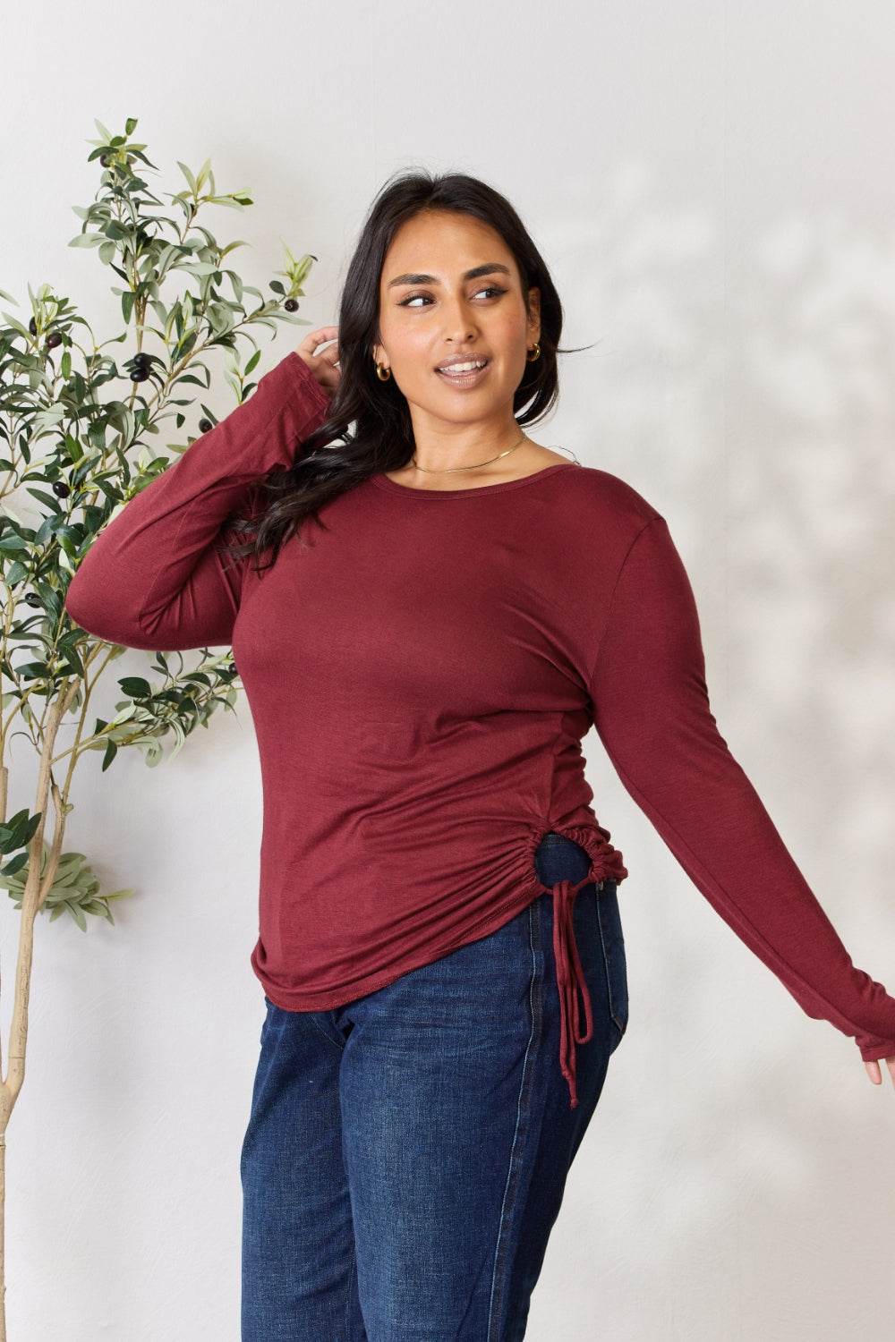 Culture Code Full Size Drawstring Round Neck Long Sleeve Top - DaTrendStore.Com