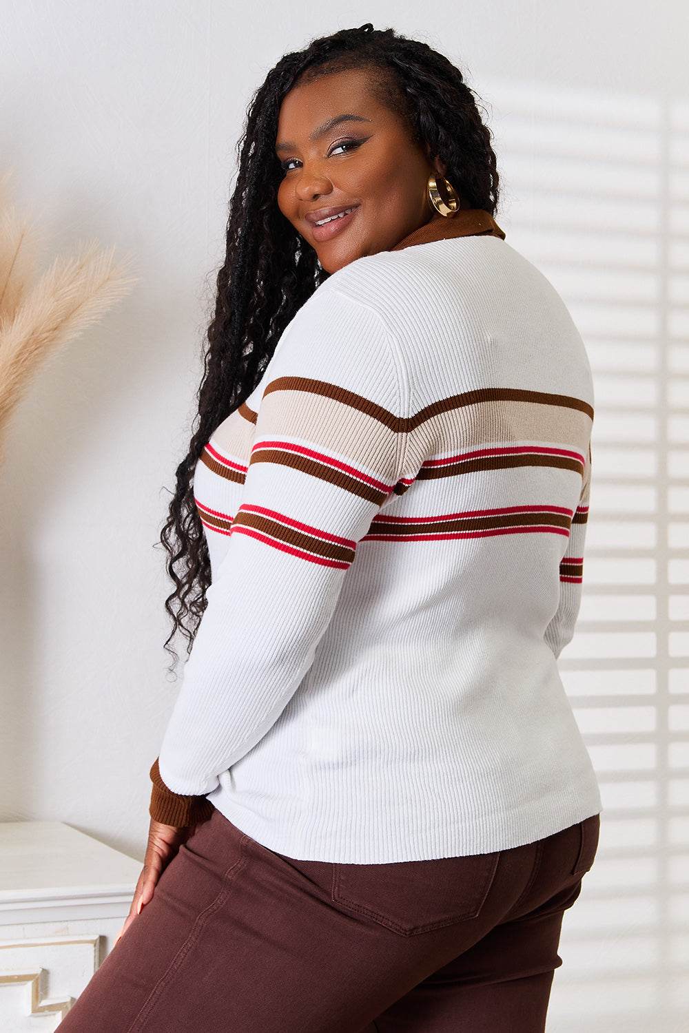 Basic Bae Striped Collared Neck Rib-Knit Top - DaTrendStore.Com