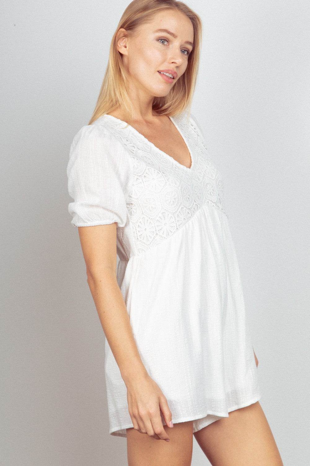 VERY J Lace Detail Puff Sleeve Romper with Pockets - DaTrendStore.Com